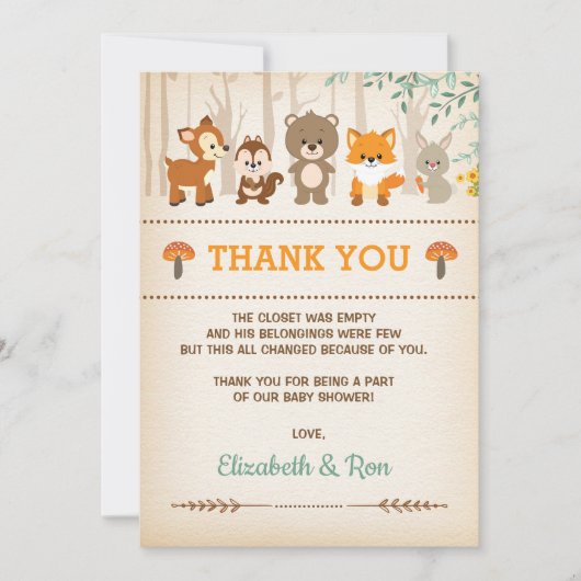 Rustikaler WaldBabyparty-Wald danken Ihnen zu Einladung (Vorderseite)