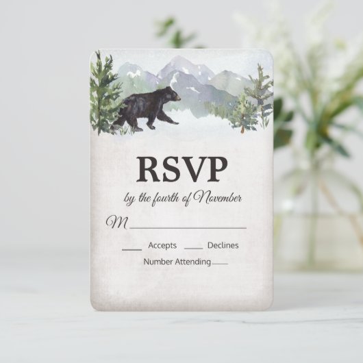 Rustikaler Waldbär Hochzeit RSVP (Stehend Vorderseite)