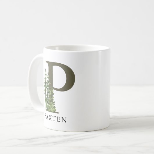 Rustikaler Waldbrief P | Name der Monogramm Kaffeetasse (Vorderseite Links)