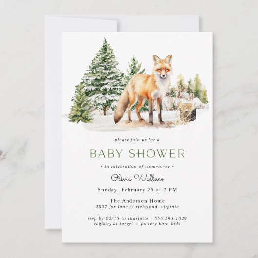 Rustikaler Waldfuchs | Winter Forest Baby Dusche Einladung (Vorderseite)