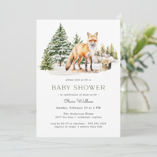 Rustikaler Waldfuchs | Winter Forest Baby Dusche Einladung (Stehend Vorderseite)
