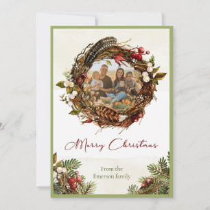 Rustikaler Waldkranz Familien-Weihnachtsfoto Feiertagskarte