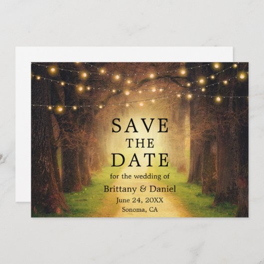 Rustikaler Waldweg Hochzeitszeitslichter Save The Date (Vorne/Hinten)