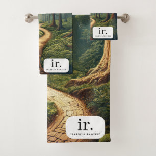 Rustikaler Waldweg mit Name und Monogramm Badhandtuch Set