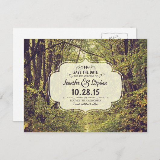 Rustikaler Waldweg Save the Date Postkarten (Vorne/Hinten)