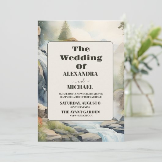 Rustikaler Wasserfall Boho Wedding Einladung (Stehend Vorderseite)