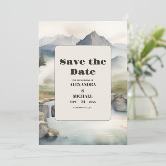 Rustikaler Wasserfall Boho Wedding Save The Date (Stehend Vorderseite)