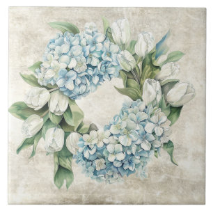 Rustikaler Wasserfarben-Blau-Hortensien-Tulpen-Kra Fliese