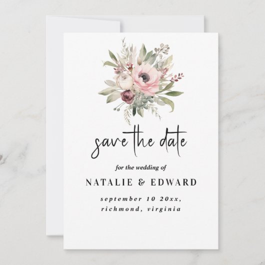 rustikaler Wasserfarben-Blumenstrauß Save The Date (Vorderseite)