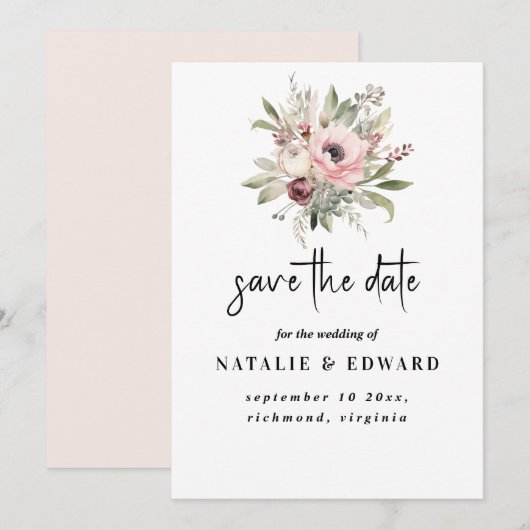 rustikaler Wasserfarben-Blumenstrauß Save The Date (Vorne/Hinten)