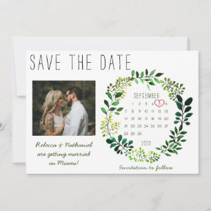 Rustikaler Wasserfarben-Grün-Hochzeitskalender Her Save The Date