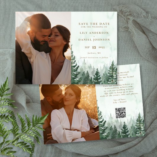 Rustikaler Wasserfarben-Kiefernhain-Foto-QR-Code Save The Date