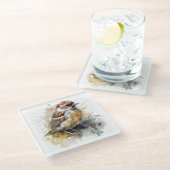 Rustikaler Wasserfarben-Spatz Glasuntersetzer (Schrägansicht)
