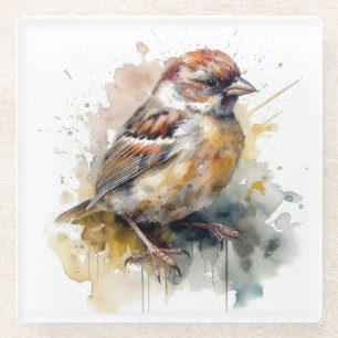 Rustikaler Wasserfarben-Spatz Glasuntersetzer