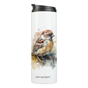 Rustikaler Wasserfarben-Spatz, individuell anpassb Thermosbecher