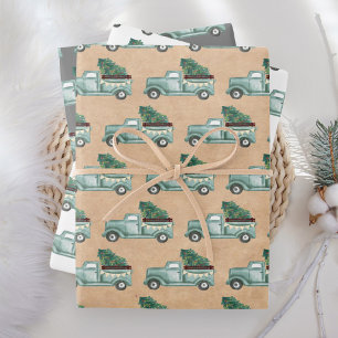 Rustikaler Wasserfarben-Teal-Weihnachtswagen Geschenkpapier Set