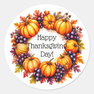 Rustikaler Wasserfarben-Thanksgiving-Kürbis-Kranz  Runder Aufkleber
