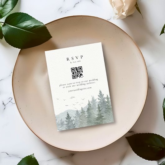 Rustikaler Wasserfarbenbaum Hochzeit QR-Code RSVP Karte