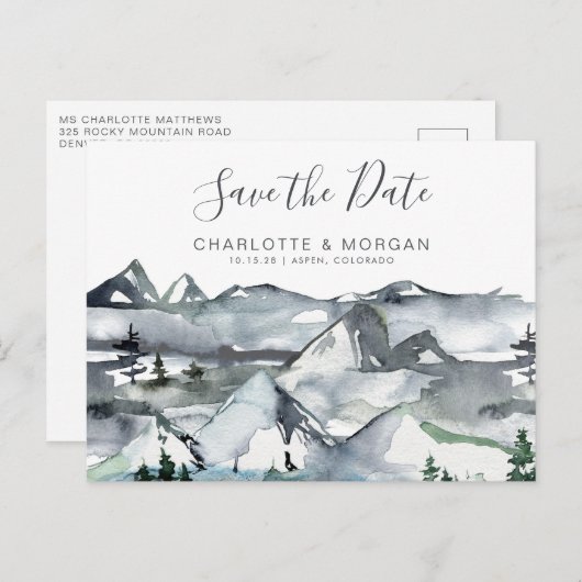 Rustikaler Wasserfarbenberg Save the Date Postkarte (Vorne/Hinten)