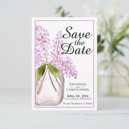 Rustikaler Wasserfarbenfrost Jar von Lilac-Blume H Save The Date (Stehend Vorderseite)