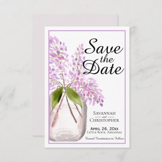 Rustikaler Wasserfarbenfrost Jar von Lilac-Blume H Save The Date (Vorne/Hinten)