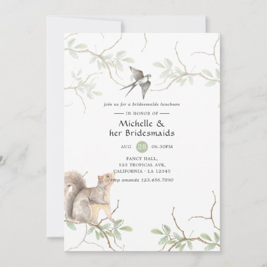 Rustikaler Wasserfarbenwald Bridesmaids Luncheon Einladung (Vorderseite)