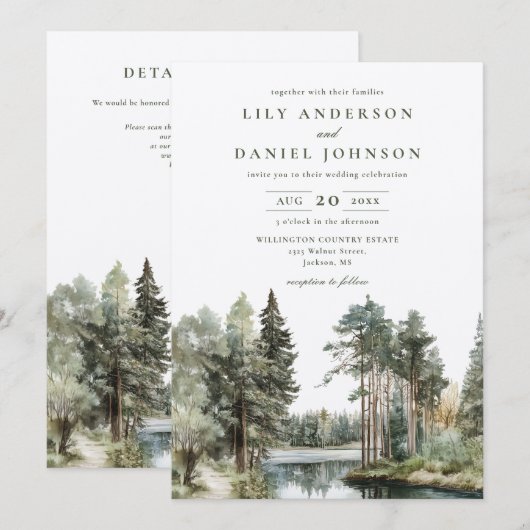 Rustikaler Wasserfarbenwald Hochzeit QR-Code Einladung (Vorne/Hinten)