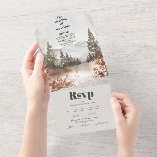 Rustikaler Wasserfarbenwald Winter All In One Einladung (Abreißen)