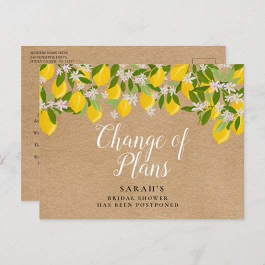 Rustikaler Wechsel des Planungs-Lemons-Brautparty Ankündigungspostkarte (Vorne/Hinten)