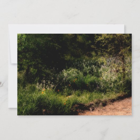 Rustikaler Weg Blumenzauberwald Hochzeit RSVP Einladung (Rückseite)