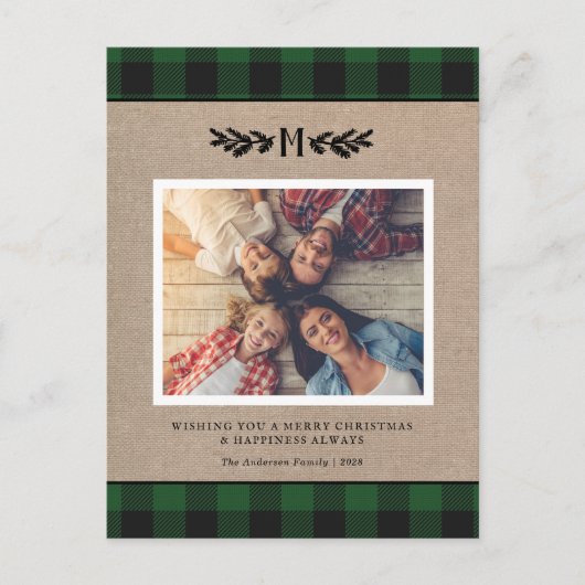 Rustikaler Weihnachts-Burlap Monogram Foto Holiday Postkarte (Vorderseite)