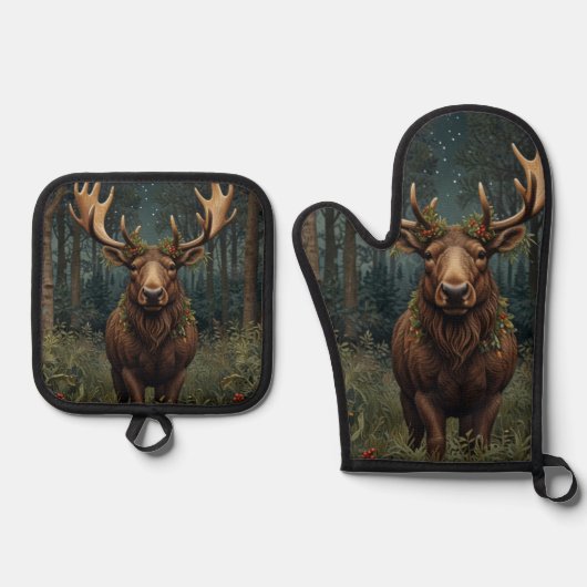 Rustikaler Weihnachts-Elch-Hirsch-Boho-Wald  Ofenhandschuh & Topflappen-Set (Vorderseite)