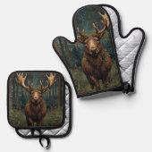 Rustikaler Weihnachts-Elch-Hirsch-Boho-Wald  Ofenhandschuh & Topflappen-Set (Vorderseite/Rückseite)