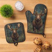 Rustikaler Weihnachts-Elch-Hirsch-Boho-Wald  Ofenhandschuh & Topflappen-Set (Oben Unten)