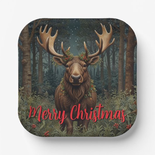 Rustikaler Weihnachts-Elch-Hirsch-Boho-Wald  Pappteller (Vorderseite)