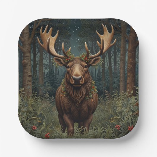 Rustikaler Weihnachts-Elch-Hirsch-Boho-Wald  Pappteller (Vorderseite)