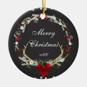 Rustikaler Weihnachts-Kronleuchter aus Geweih, ind Keramik Ornament