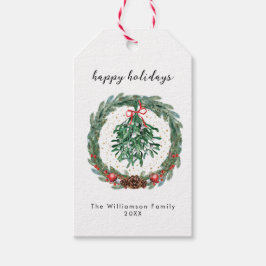Rustikaler Weihnachts-Wasserfarben-Kranz Mistelzwe Geschenkanhänger