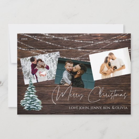 Rustikaler Weihnachtsbaum 3 Foto & Lights, Holzkar Einladung (Vorderseite)