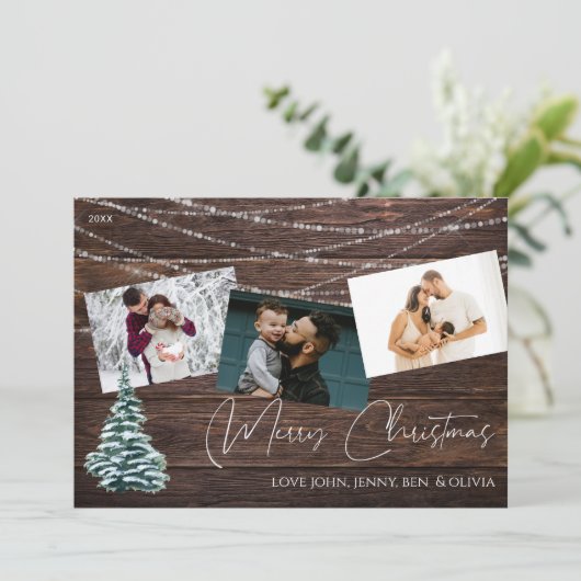 Rustikaler Weihnachtsbaum 3 Foto & Lights, Holzkar Einladung (Stehend Vorderseite)