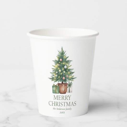 Rustikaler Weihnachtsbaum außerhalb des Fotos Pappbecher (Vorderseite)