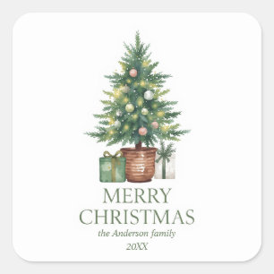 Rustikaler Weihnachtsbaum außerhalb des Fotos Quadratischer Aufkleber