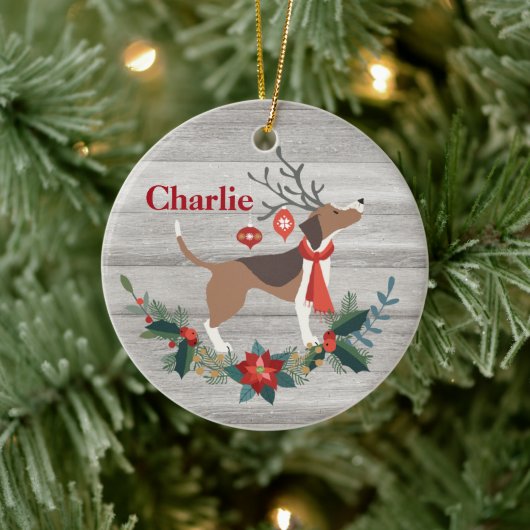 Rustikaler Weihnachtsbaum Beagle Hund Antlers Grün Keramik Ornament (Baum)