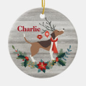 Rustikaler Weihnachtsbaum Beagle Hund Antlers Grün Keramik Ornament (Vorne)