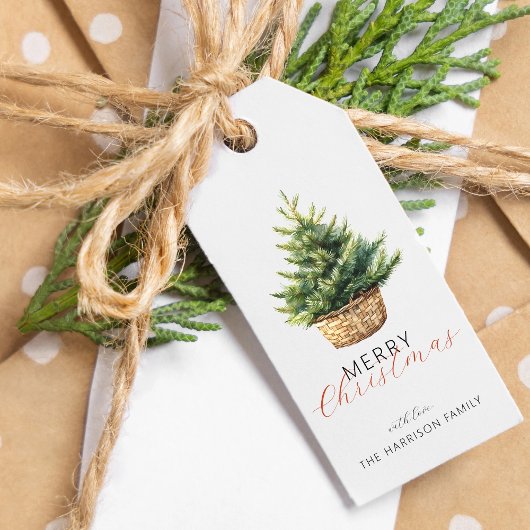 Rustikaler Weihnachtsbaum im Korb personalisiert Geschenkanhänger