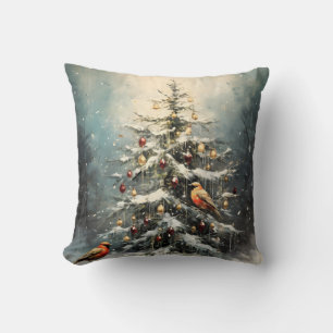 Rustikaler Weihnachtsbaum im Winter Schnee Rote Vö Kissen