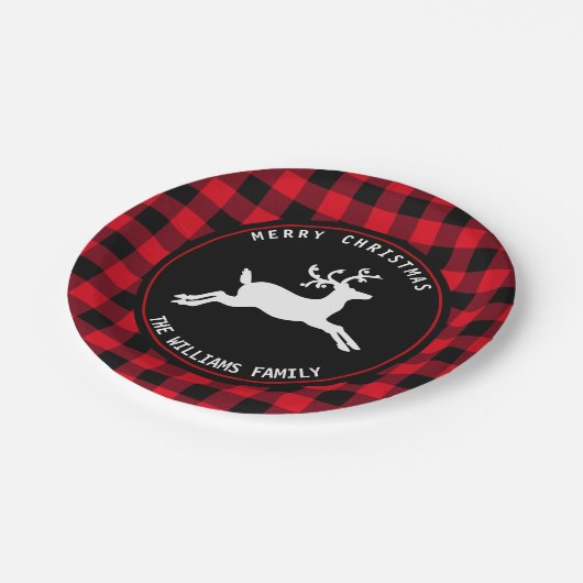 Rustikaler Weihnachtsbaum Roter Schwarzer Buffalo  Pappteller (Schrägansicht)