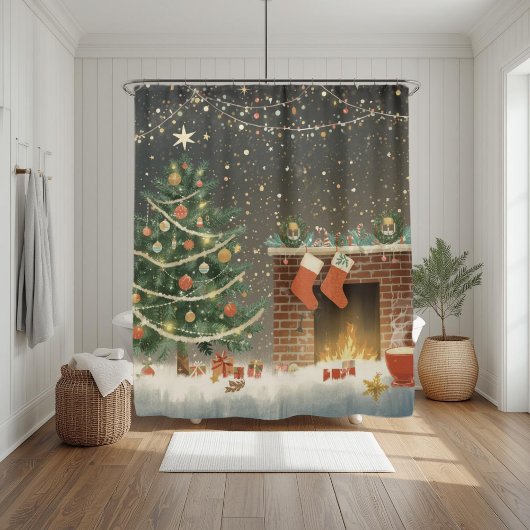 Rustikaler Weihnachtsbaum und Kamin Duschvorhang