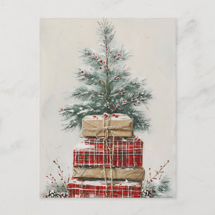 Rustikaler Weihnachtsbaum und Karierter Geschenkst Feiertagspostkarte