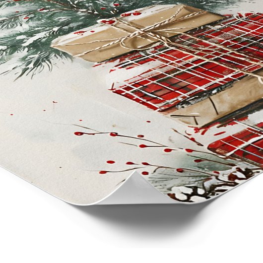 Rustikaler Weihnachtsbaum und Karierter Geschenkst Poster (Ecke)